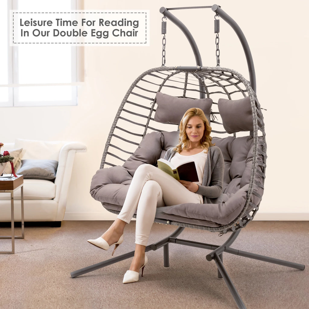 Brafab 2 Person Swing Egg Chair with Sturdy Stand and Fluffy Cushion, Large Double Hand-Woven Wicker Rattan Hanging Egg Chairs, Porch Swing Loveseat 500LBS Capacity for Indoor Outdoor, Light Grey