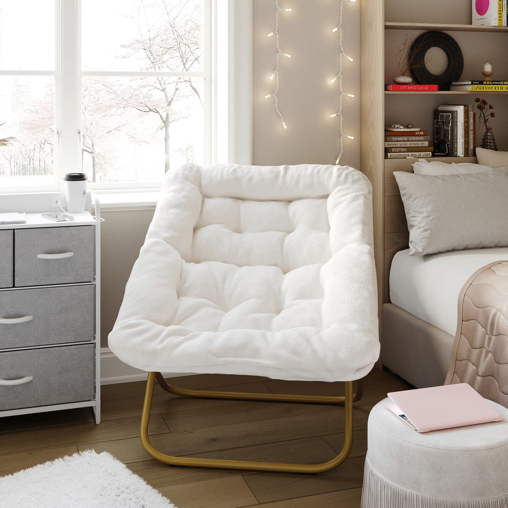 Emma + Oliver Oversized Faux Fur Folding Saucer Chair for Dorm, Bedroom, Black Faux Fur/Black Frame