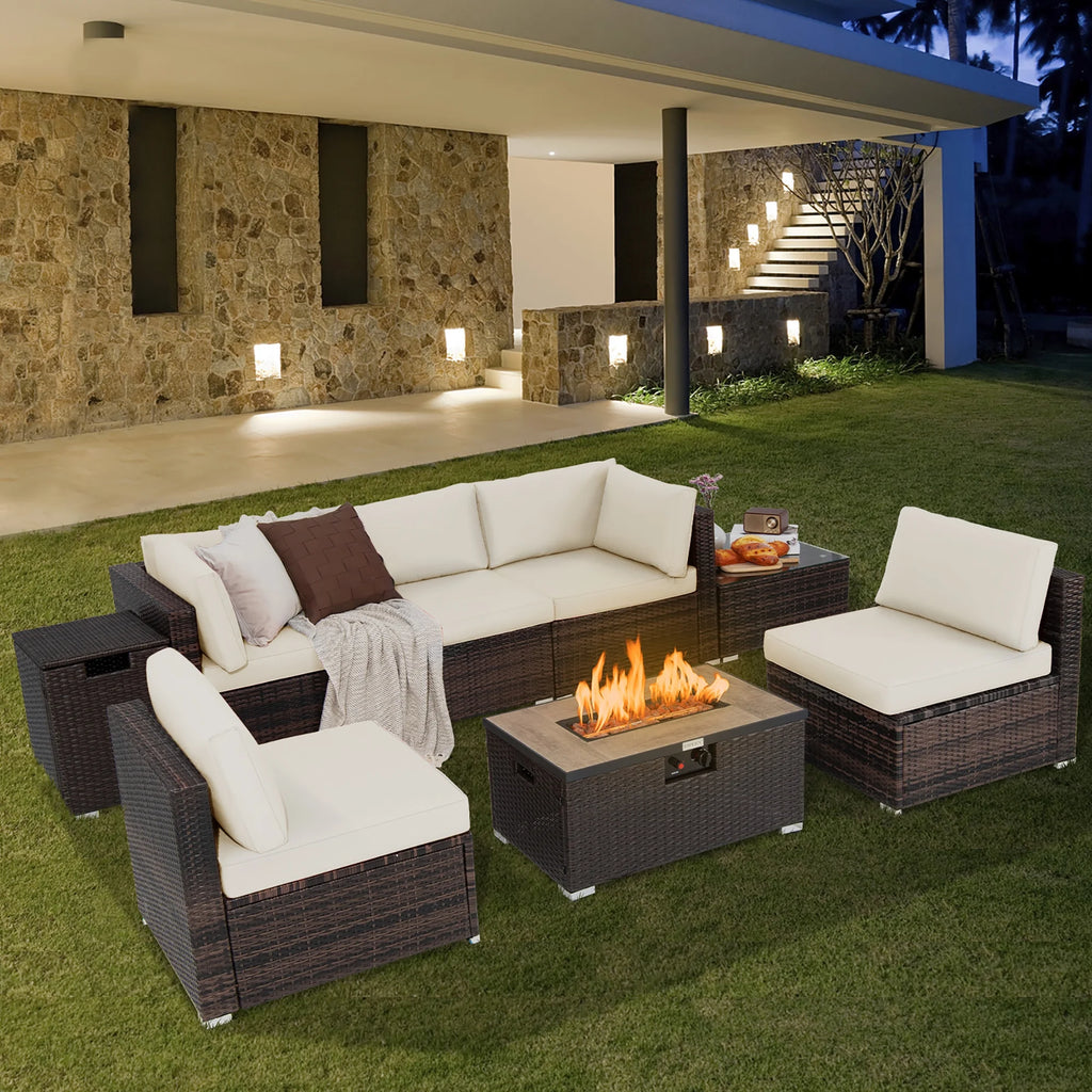Costway 8PCS Patio Rattan Furniture Set Fire Pit Table Tank Holder Cover Deck Black
