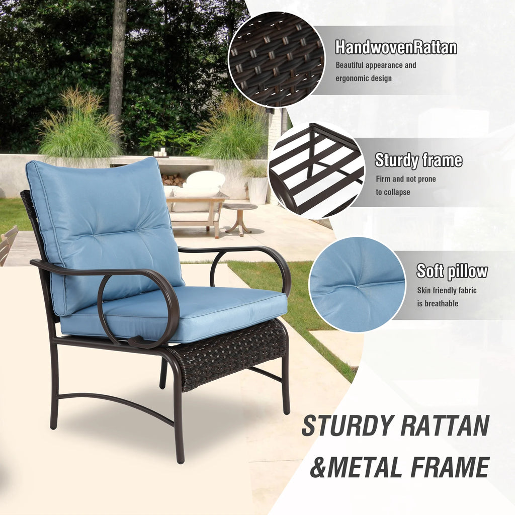 Villeston 3 Piece Outdoor Wicker Conversation Patio Set, with 2 Chairs, Table for Porch Garden,Blue
