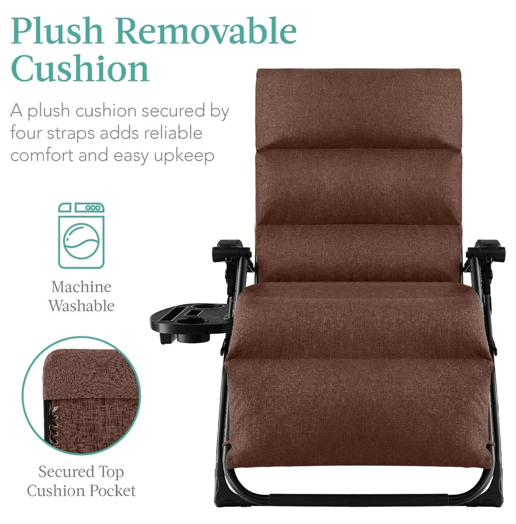 Oversized Chair, Folding Outdoor Patio Recliner, XL Anti Gravity Lounger w/Removable Cushion, Cup Holder, Side Tray, 350lb Capacity - Taupe
