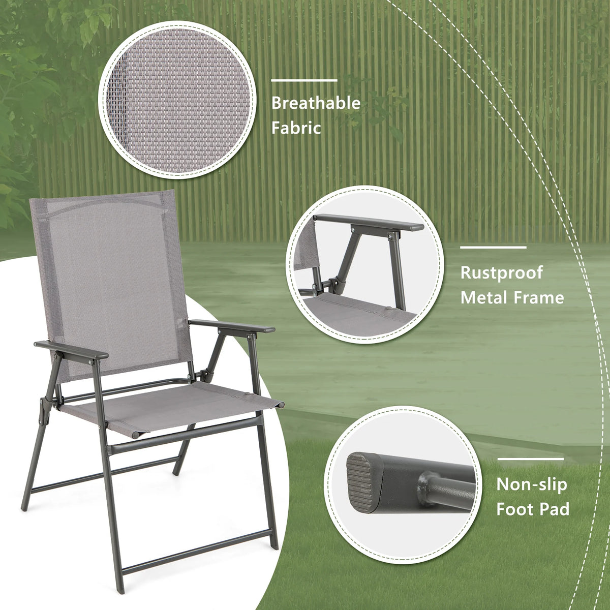 Costway 4pcs Patio Folding Portable Dining Chairs Metal Frame Armrests Garden Black
