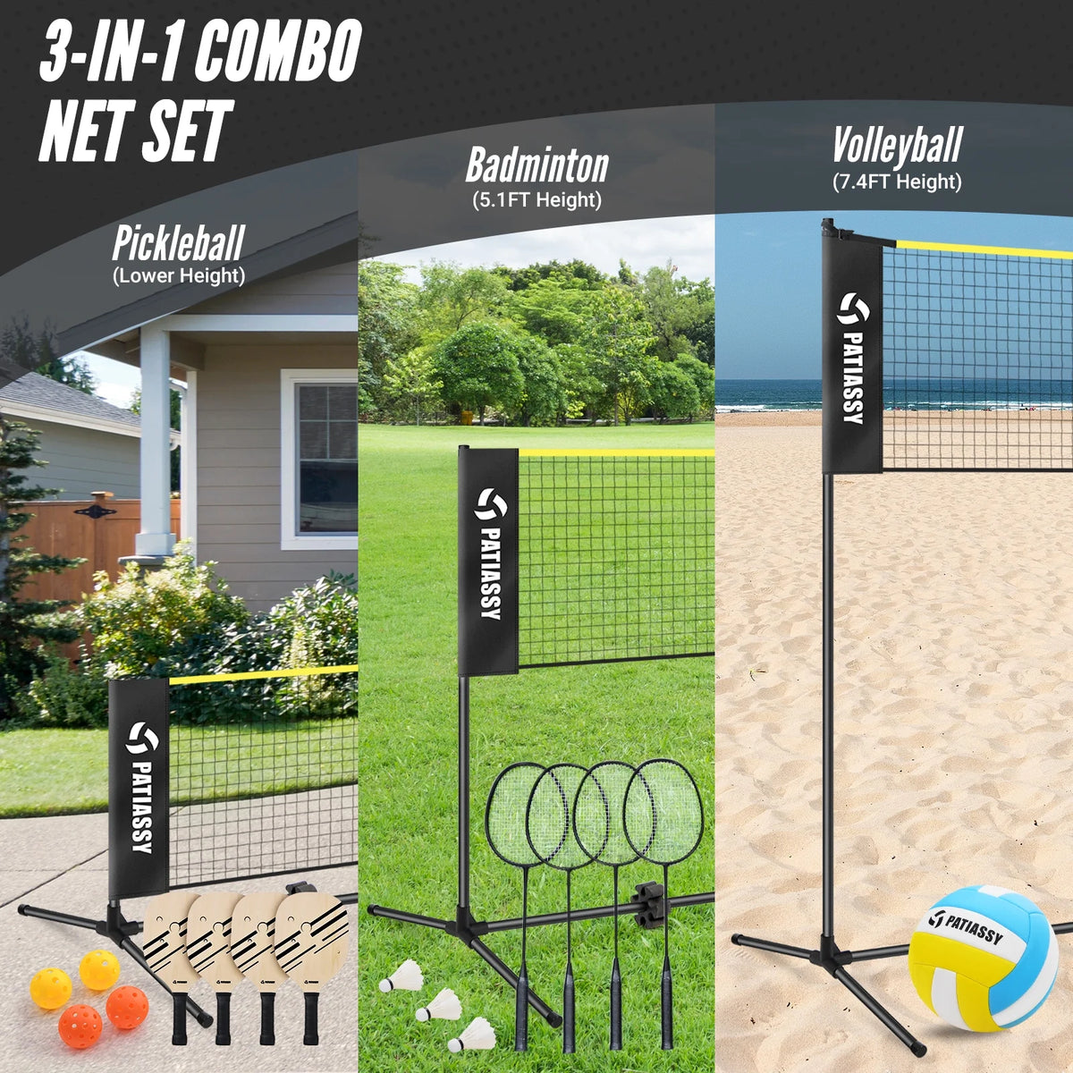 Patiassy 5.1ft-7.4ft Adjustable Height Volleyball Badminton Pickleball Net Set with Poles, 4 Rackets, 3 Shuttlecocks, 4 Pickleball Paddles , and Volleyball