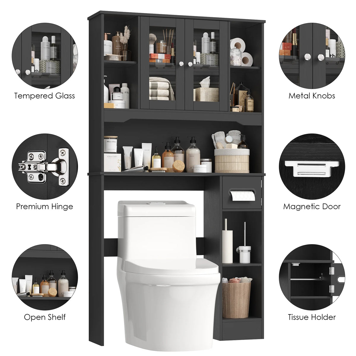 Homfa Over The Toilet Storage Cabinet with Toilet Paper Holder Stand, Above Toilet Organizer with Glass Doors, Behind Toilet Shelf for Restroom, Bathroom, Laundry, White
