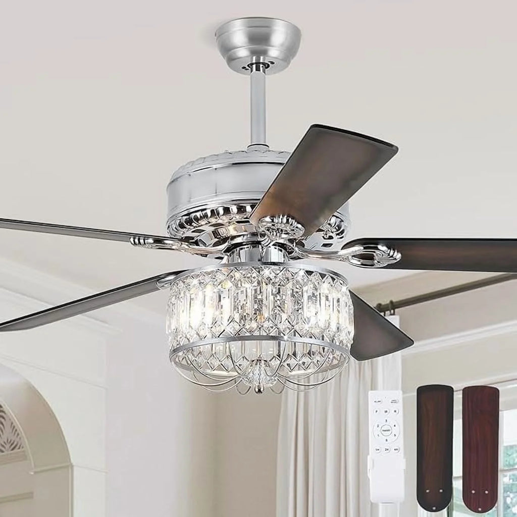 Kviflon 52" Farmhouse Ceiling Fan with Lights & Remote, Crystal Chandelier, Wood Blades, Quiet Motor, 6-Speed, Timer, Modern Lighting for Living Room, Bedroom, Dining Room, Chrome Finish