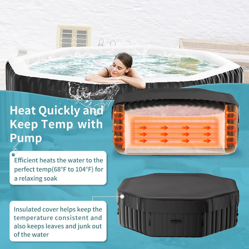 4-6 Person Inflatable Hot Tub, Large Polygon Portable Blow up Hot Tub, Leak-Proof PVC Outdoor Spa with 130 Air Jets, Insulated Cover and Heater Pump, 77 X 77 X 25