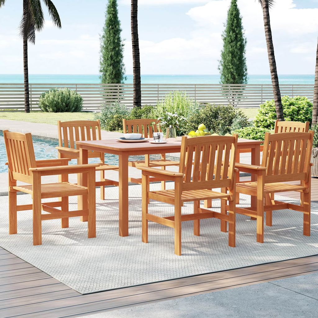 Costway 7 PCS Patio Wood Dining Table Set with 2 Umbrella Hole Outside Furniture Set