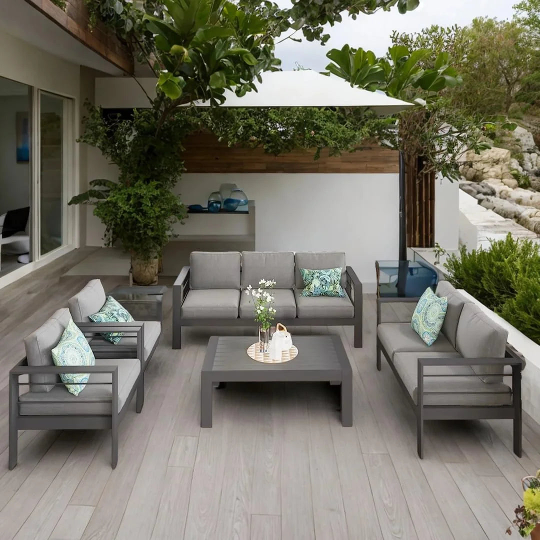 CozyHom 5 Pcs Outdoor Patio Aluminum Furniture Sofa Sets, Outside Patio Conversation Couch Sets With Table&Cushions for Garden Porch, Gray