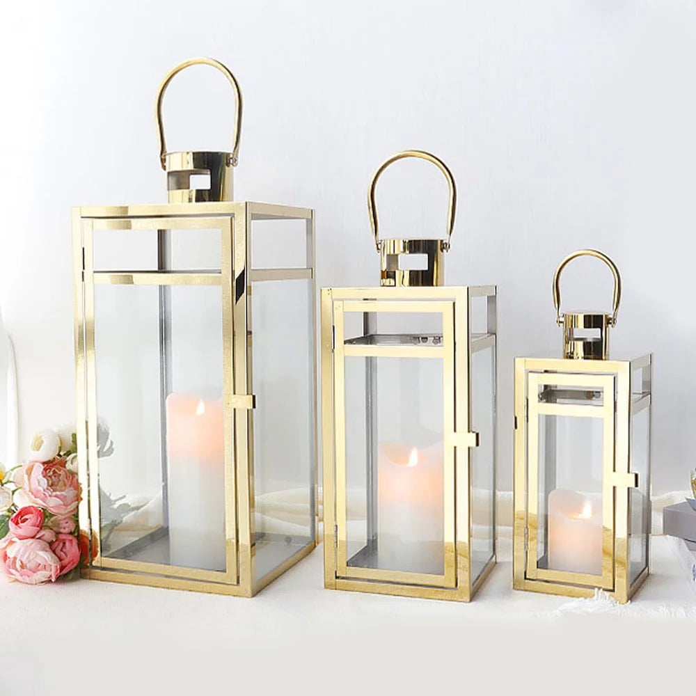 Stainless Steel Lantern Set of 3 12/15/19" Metal Lanterns with Tempered Glass for Parties & Events (Silver )