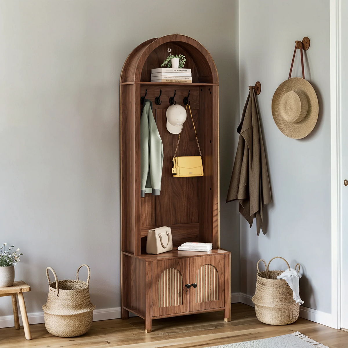 Diubas Arch Hall Tree with Bench and Shoe Storage, Farmhouse Coat Rack for Hallway, Entryway, Walnut