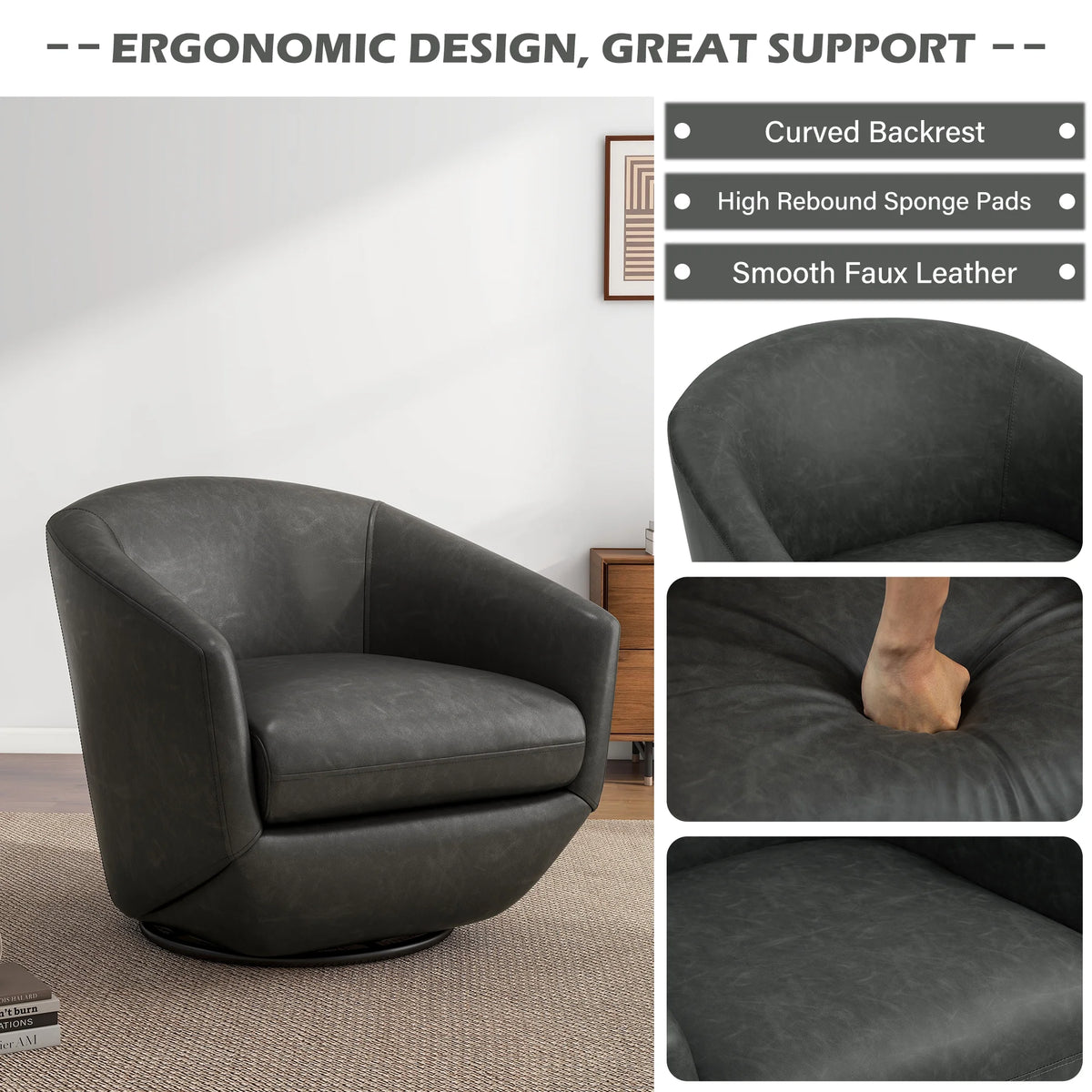 DREAMSIDEA Faux Leather Swivel Accent Chair Sets of 2 360 Swivel Barrel Chair,Swivel Club Sofa for Living Room, Bedroom, Office,Brown