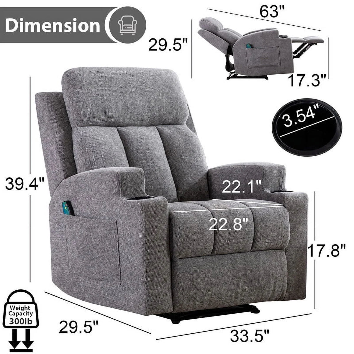 Bonzy Home Heated Manual Massage Recliner with Cup Holder Padded Breathable Fabric Recliner, Home Theater Seating Navy