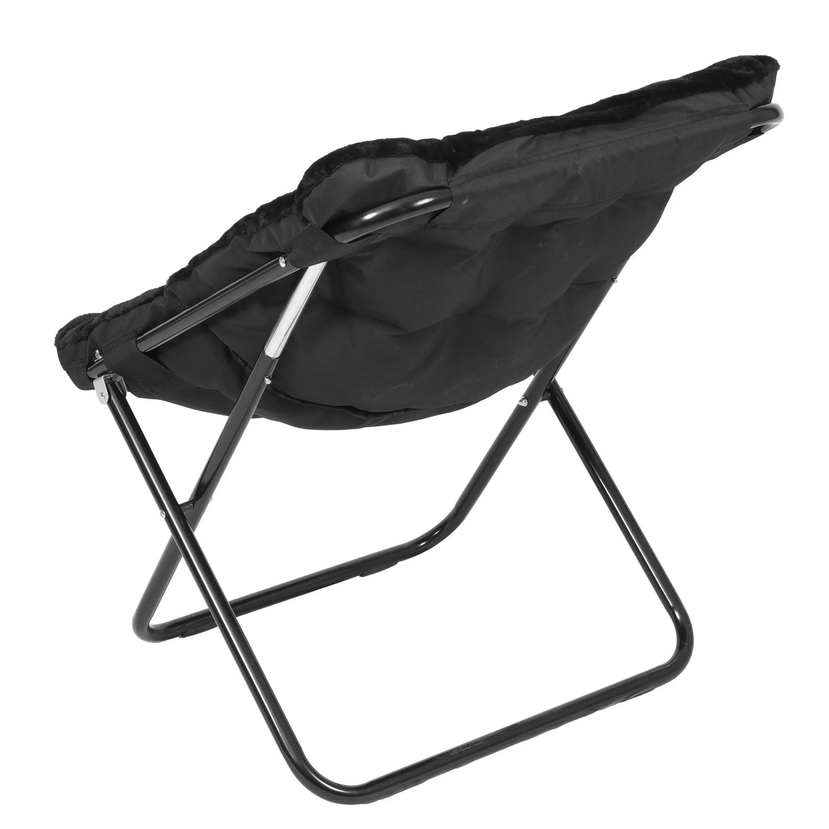 Emma + Oliver Oversized Faux Fur Folding Saucer Chair for Dorm, Bedroom, Black Faux Fur/Black Frame
