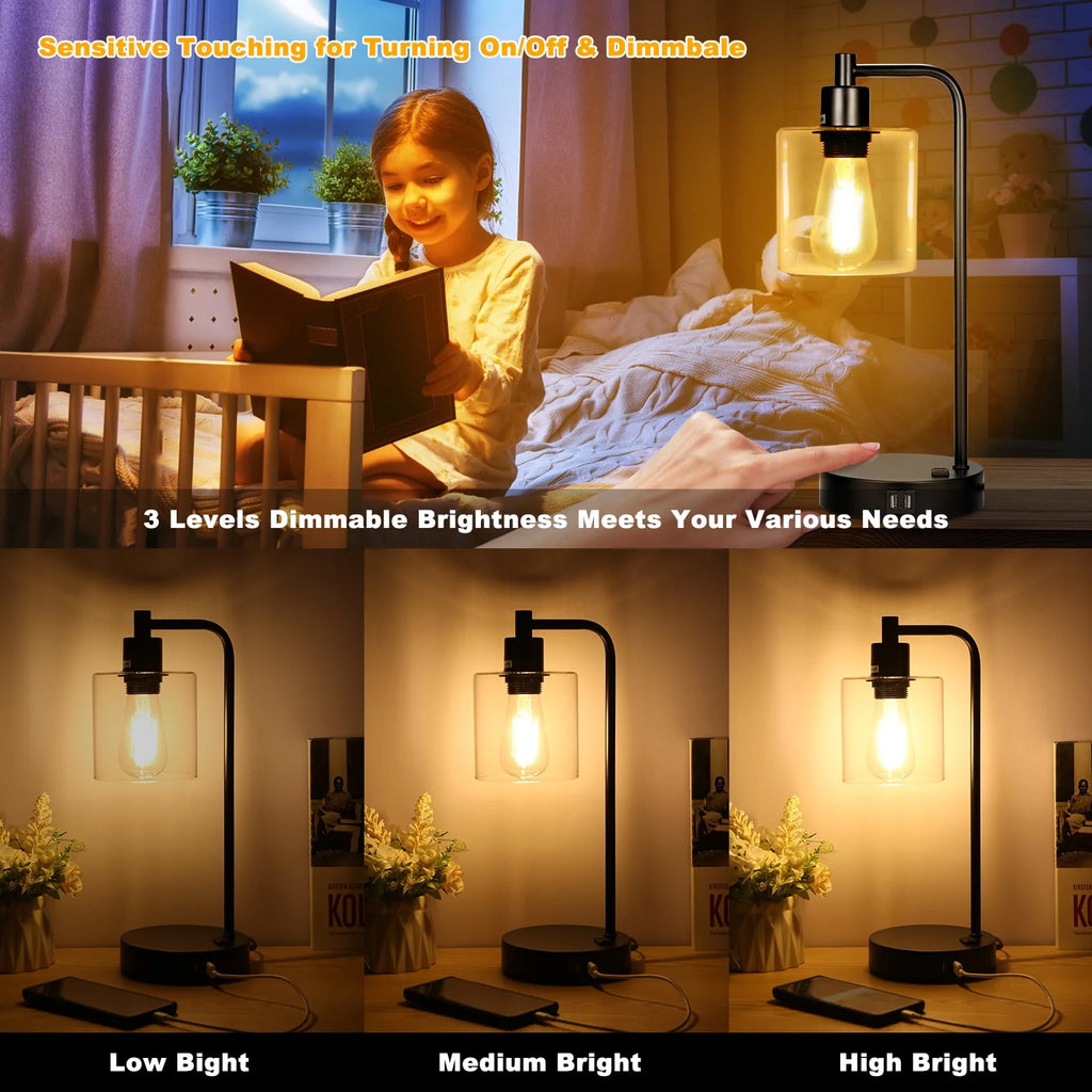 Neoglint Set of 2 Industrial Table Lamps, Black Touch Control 3-Way Dimmable, 2 USB Ports & AC Outlet Bedside Nightstand Lamps