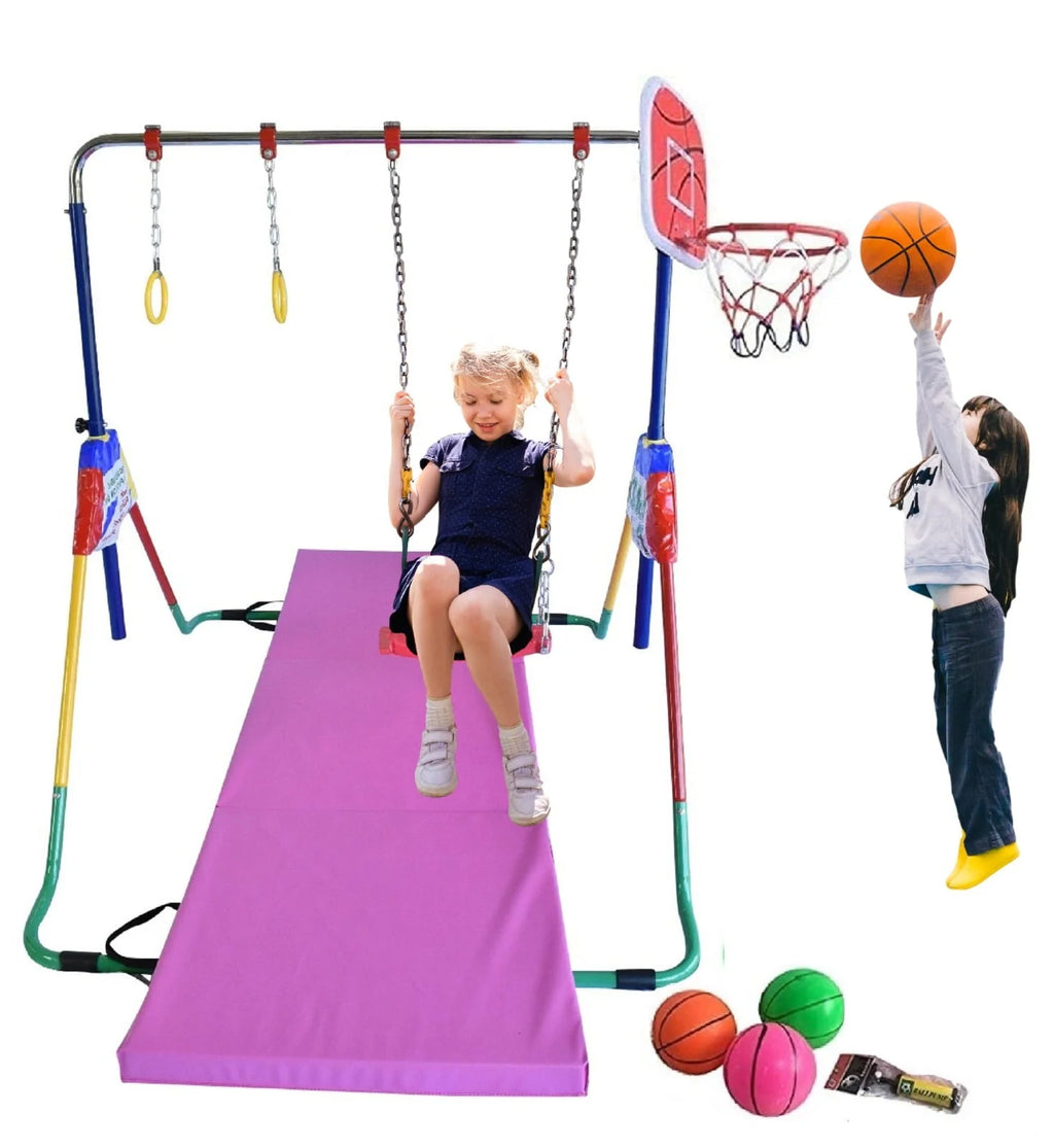 Adjustable Height Gymnastics Bar for Kids Kip Bar 6 in 1 Set, 6'x2' Gymnastic Tumble Mat, Swing Seat, 2 Trapeze Rings, Basketball Hoop, Home Junior Training Monkey Bars Fitness Balance Horizontal Bar