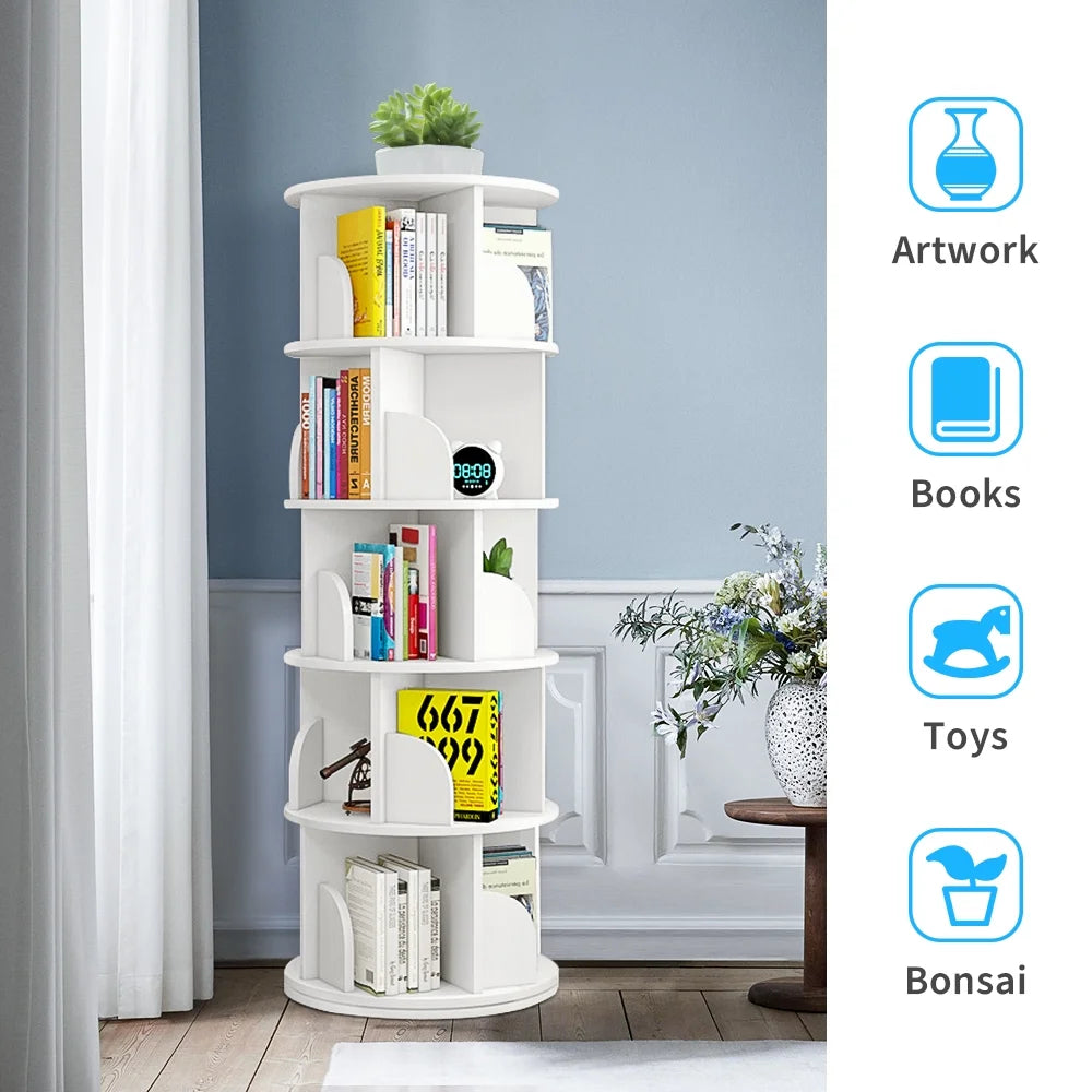Bimiti 5 Tier Rotating Bookshelf, 360 Revolving Bookcase 20 Shelves Floor-Standing Storage Display Rack - White 63"x18"x18", Adult