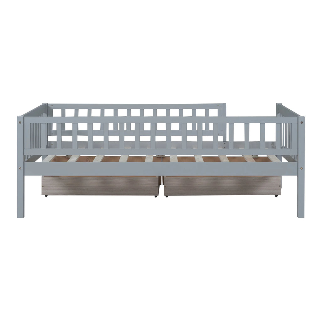Holaki Twin Size Wood Bed with Guardrails and 2 Storage Drawers for Kids, Gray
