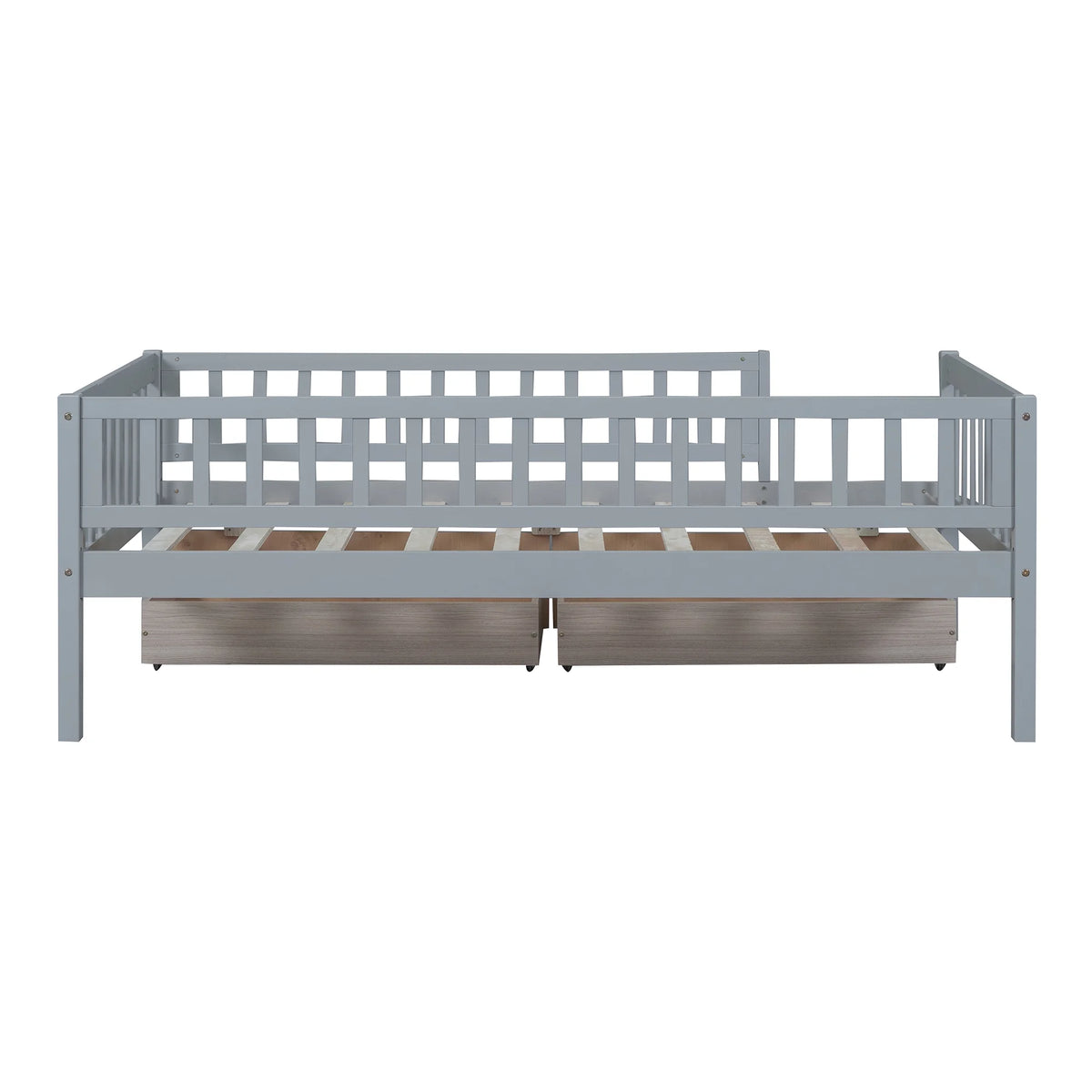 Holaki Twin Size Wood Bed with Guardrails and 2 Storage Drawers for Kids, Gray