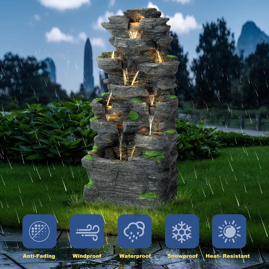 Haverchair 7 Tier Cascading Rock Outdoor Water Fountain, Garden Freestanding Rockery Natural Waterfall Fountains Outdoor with LED Light, Soothing Tranquility Fountains for Home Garden Yard, 24"H
