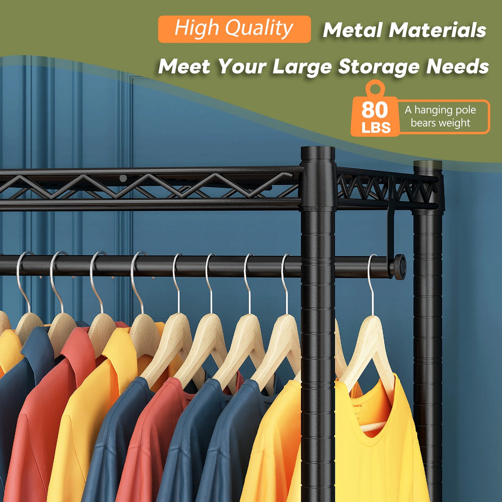 EnHomee 830 LBS Clothes Rack Heavy Duty Garment Rack with 4 Rods & 7 Shelves, Adjustable Metal Closet Organizer 77"H x 69"W x 16"D Black