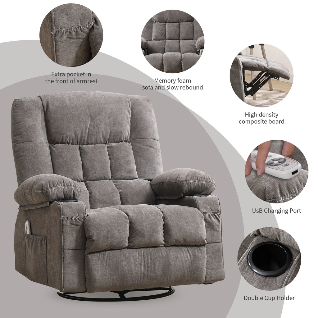 JONPONY Massage Swivel Rocker Recliner Chair with Vibration Massage and Heat Ergonomic Lounge Chair for Living Room with Rocking Function and Side Pocket, 2 Cup Holders, USB Charge Port,Grey