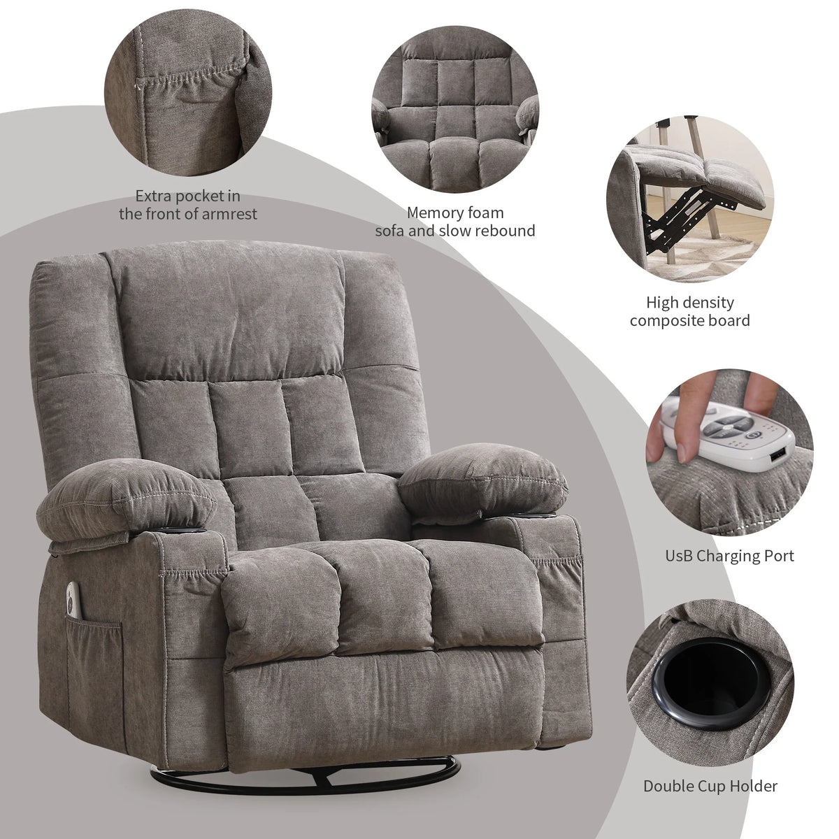 JONPONY Manual Recliner Chair with Heat Therapy and Massage Function, Heavy Duty Reclining Mechanism Massage Chair, Elderly Single Rocker Sofa with Cup Holders for Bedroom Home Theater,Blue