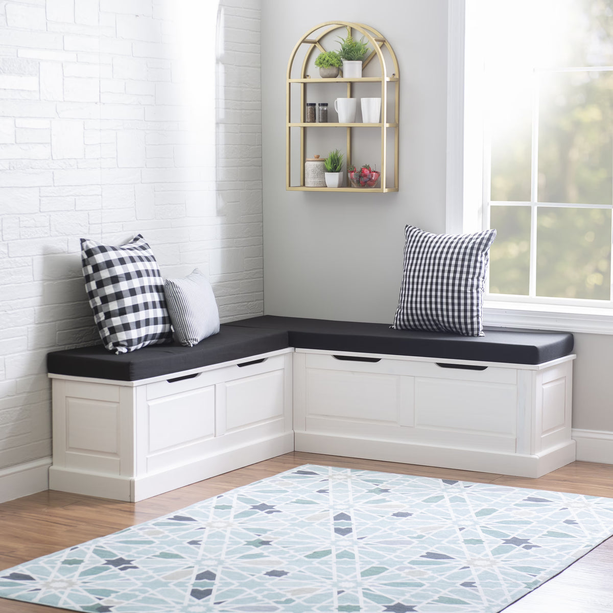 Linon Romero Backless Corner Nook with Storage, 5-Piece Cushion Set, Natural/White/Beige