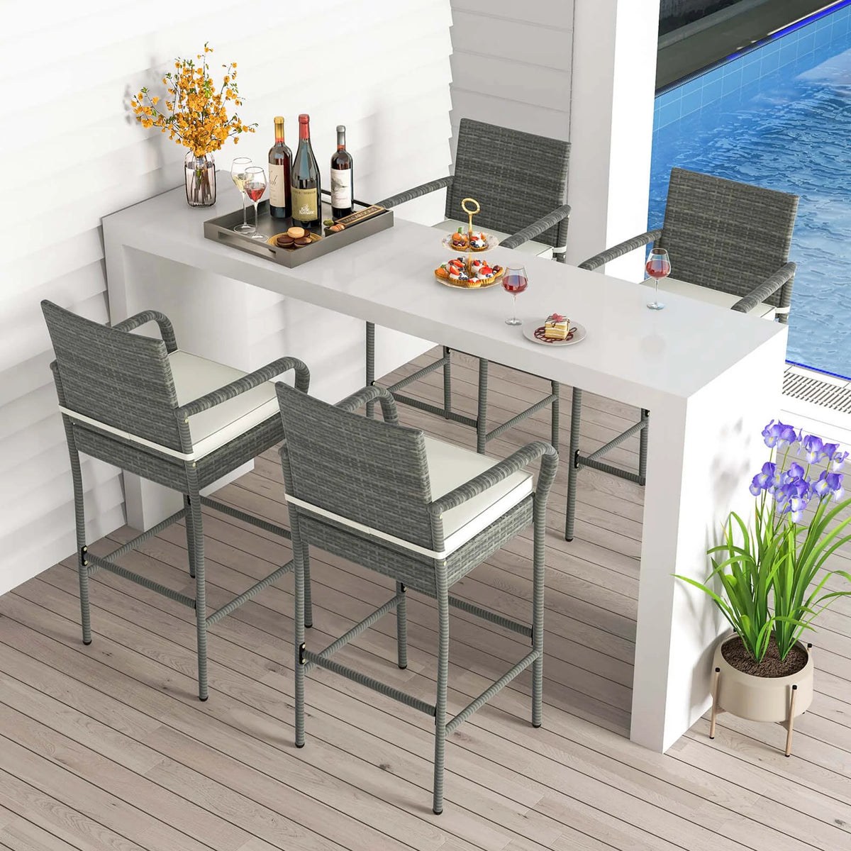 Costway Patio Wicker Barstools Set of 2 with Armrests & Soft Cushions Stable Metal Frame