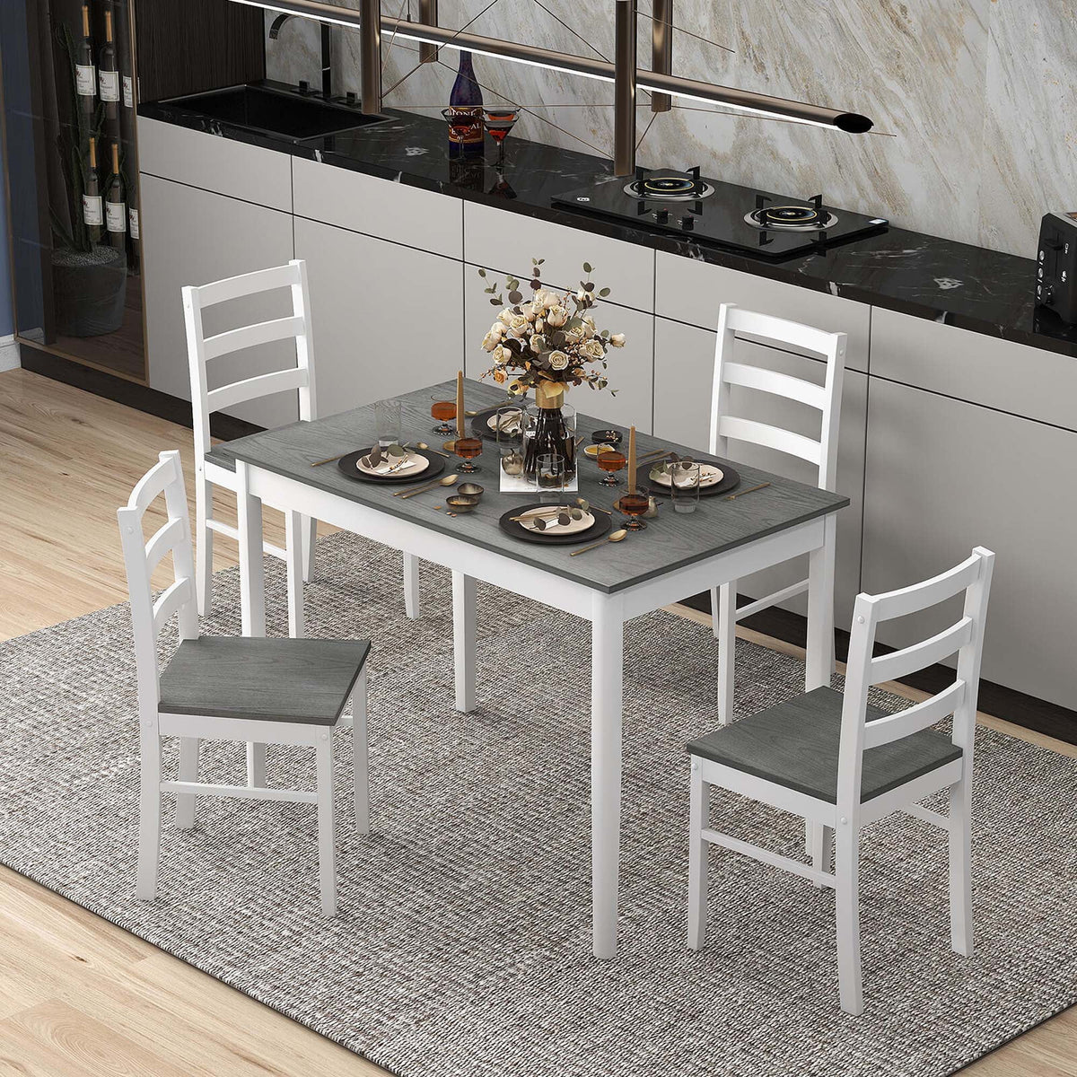 Costway 5-Piece Dining Set Solid Wood Kitchen Furniture with Rectangular Table & 4 Chairs