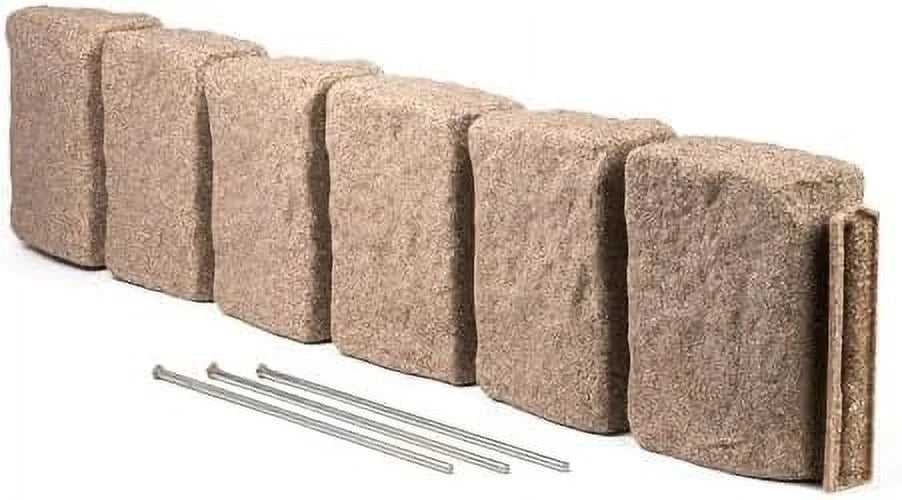 Beuta Landscape Edging | Garden Edging Border | Faux Stone Block XL for Lawn Edging, Flower Beds & Yard Edging 1 Pack | Each Section Has 6 Blocks 48" L x 4" W x 9.5" H | 3 Spikes | Sandstone