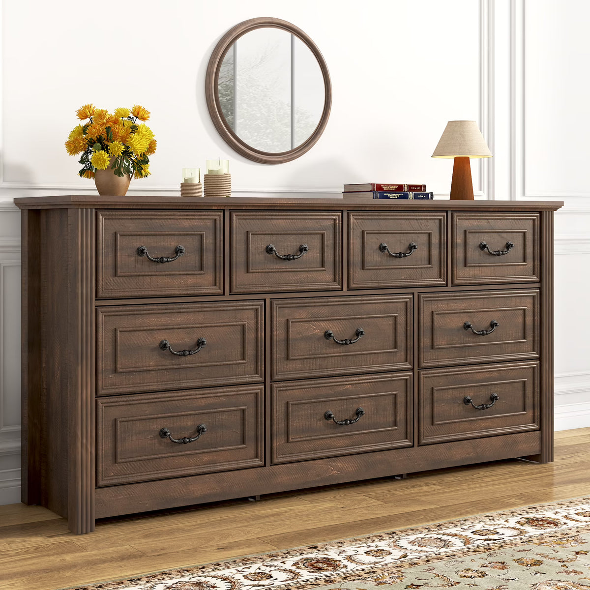 ChVans Farmhouse 12 Drawers Dresser for Bedroom, 63'' Wide Wood Rustic Chest of Drawers with Natural Texture, Vintage Design, Large Storage Dressers Organizer for Living Room, Hallway