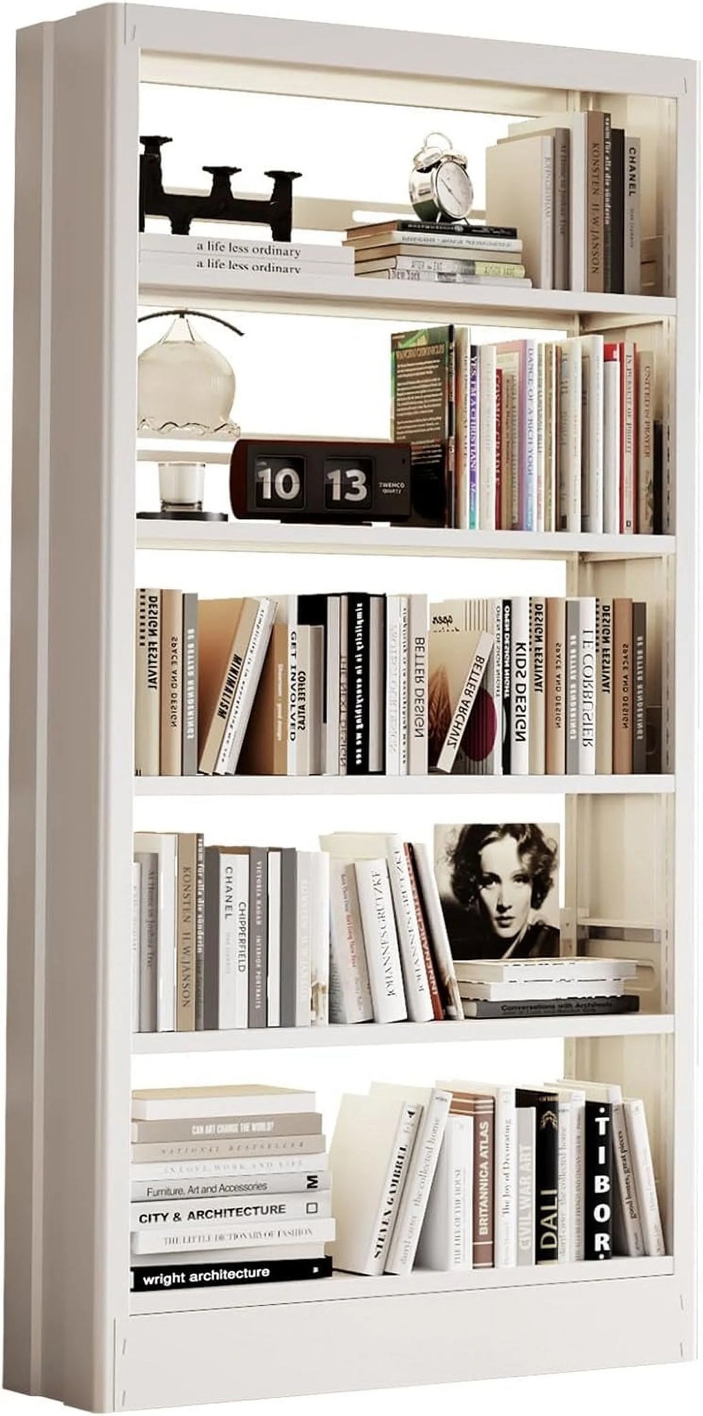 5 Tier White Metal Bookshelf, 71" H Bookcase with Adjustable Shelves,Heavy Duty Storage Bookshelves Tall Bookcase for Library,Office,Bedroom,Living Room,Classroom,Including Book Stopper(White)