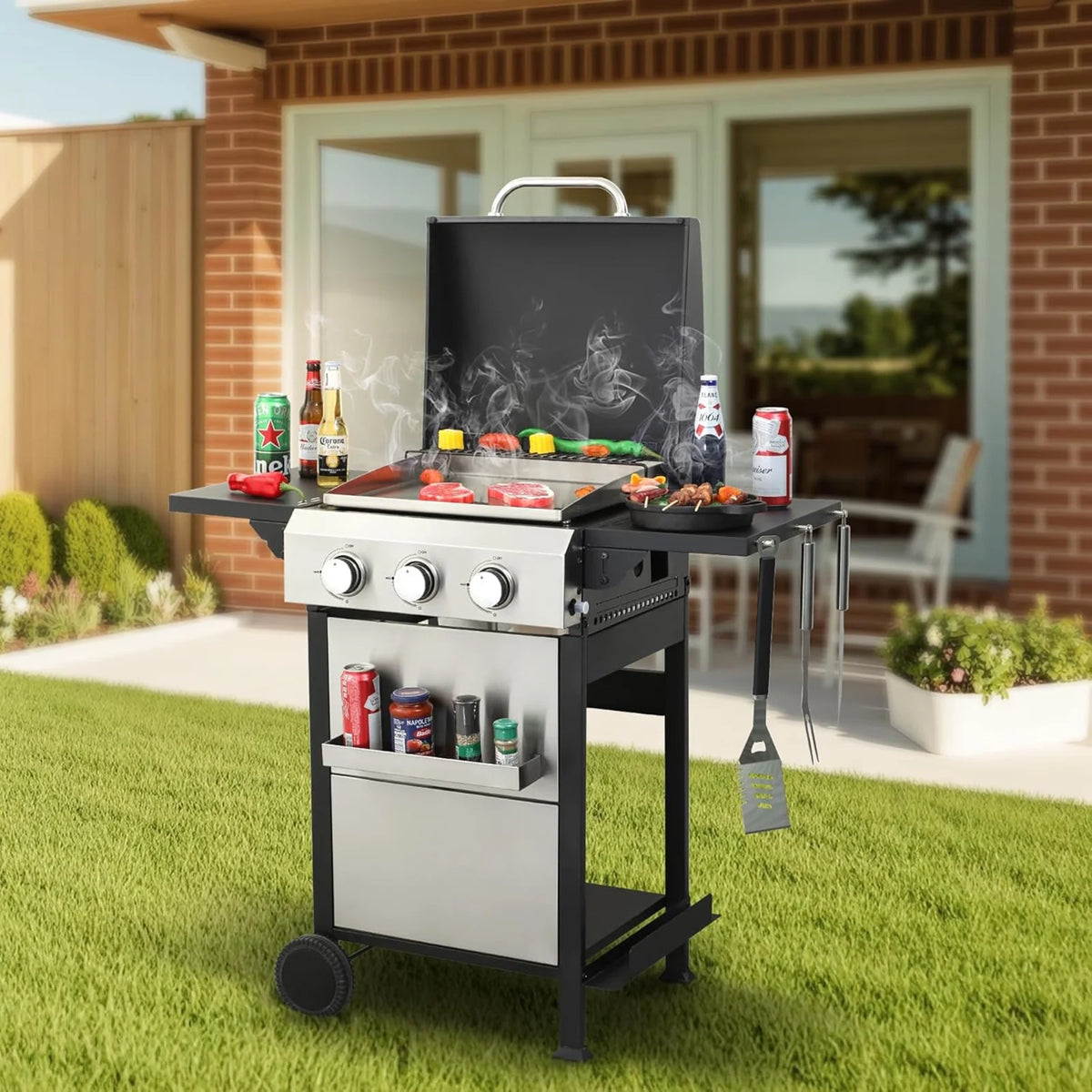 4-Burner Propane Gas BBQ Grill with Side Burner, Stainless Steel Gas Grill with Rain Cover, 40,500 BTU High-Output, Built-in Thermometer for Outdoor, Backyard, Patio BBQ Cooking