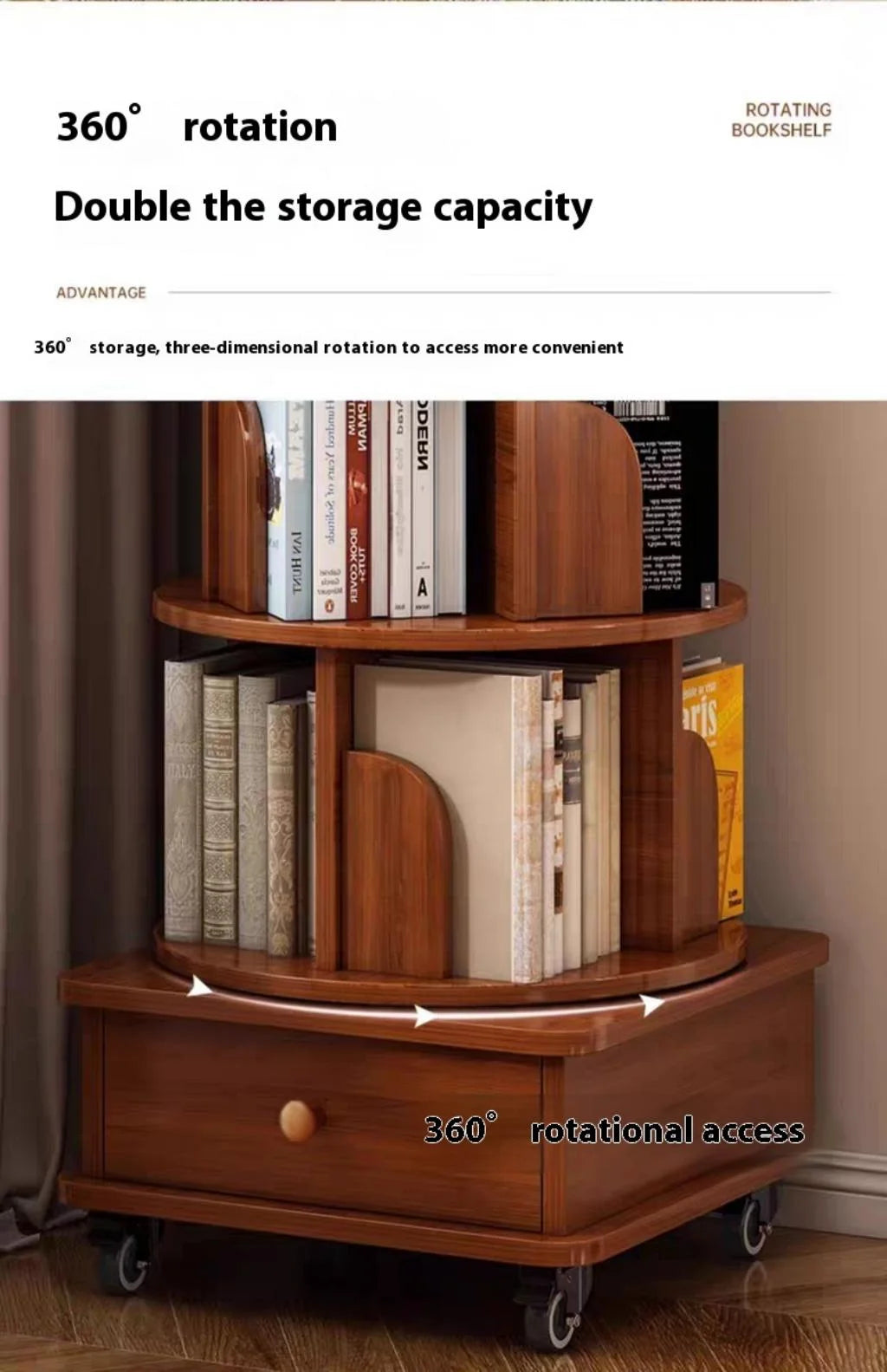 Qiushi 6-Tier Round Rotating Bookshelf with Storage Drawer, 360 Spinning Corner Bookshelf Tower for Small Space, Bookcase Storage Rack with Wheels, Wood Narrow Organizer for Bedroom, Living Room