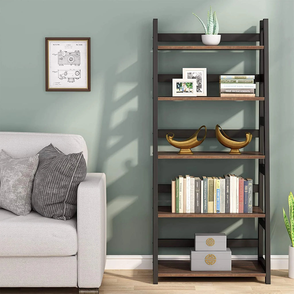 Tribesigns 5 Shelf Ladder Bookshelf Bookcase with Storage, Modern Etagere Bookcase for Living Room , Wood & Metal
