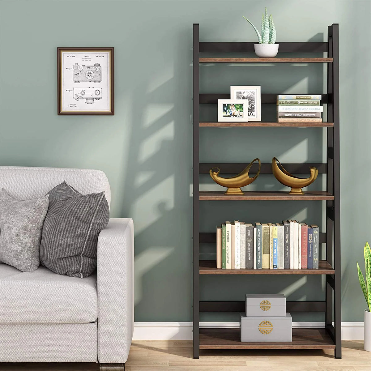 Tribesigns 5 Shelf Ladder Bookshelf Bookcase with Storage, Modern Etagere Bookcase for Living Room , Wood & Metal