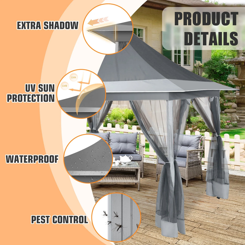 HOTEEL 12x12 Outdoor Pop-up Gazebo Canopy with Mosquito Netting 2-Tiered Vented Top 3 Adjustable Height for Backyard, Garden, Lawn,Light Grey
