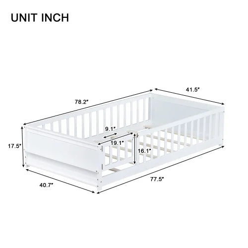 Bellemave Twin Size Floor Bed with Fence, Montessori Floor Twin Bed with Built-in Book Rack, Solid Wood Twin Bed with Slats and Safety Guardrails, Natural