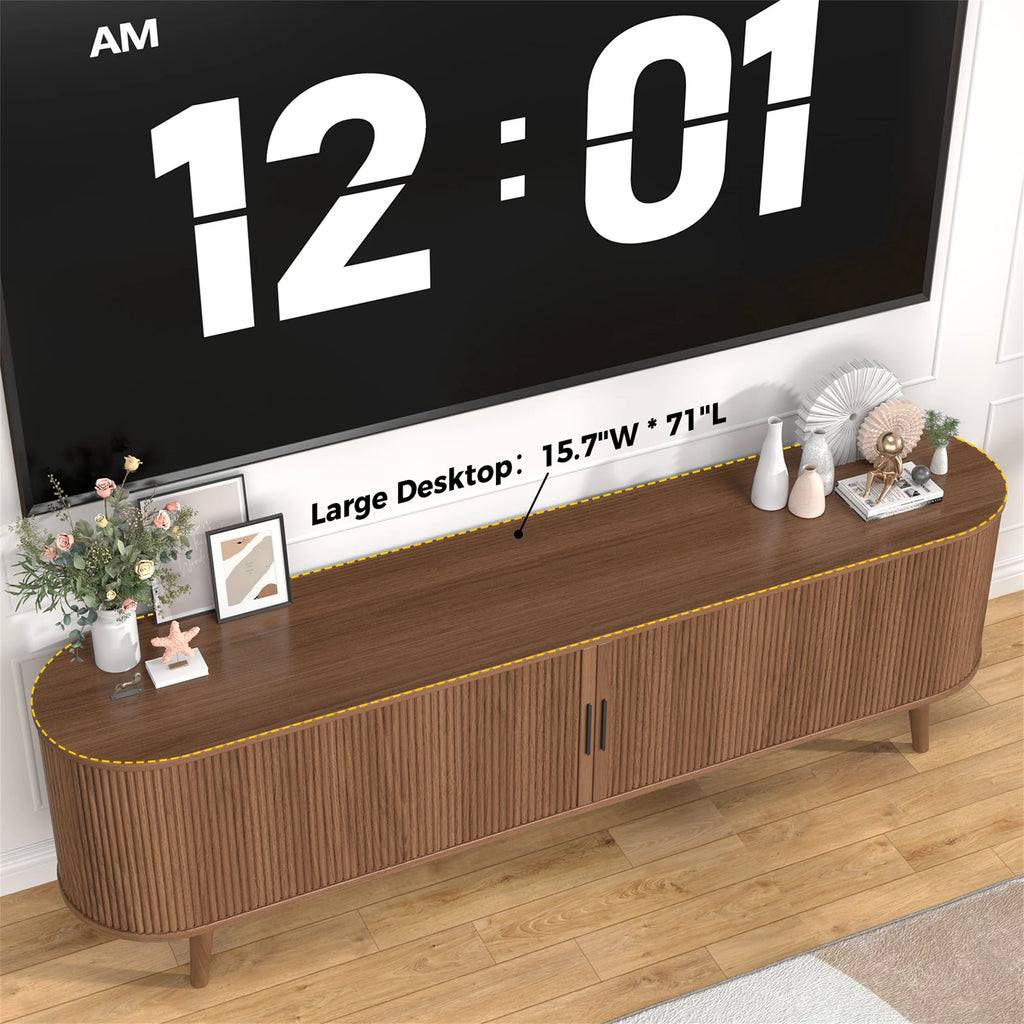 Planntonneo Mid-Century Modern Fluted TV Stand Wooden Media Console Entertainment Center for Living Room, Walnut Color