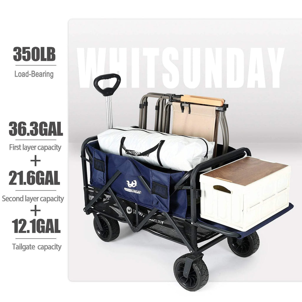 Collapsible Double Decker Wagon, Heavy Duty Foldable Wagon with All-Terrain Big Wheels, Beach Wagon for Camping, Sports, Shopping, Garden