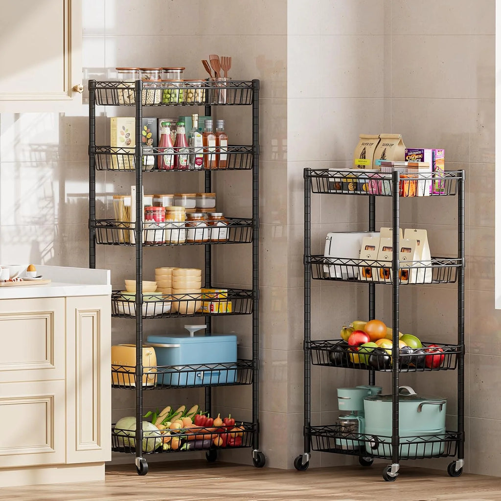 6 Tier Wire Shelving Unit with Wheels Baskets Storage Rack Corner Shelves Adjustable Shelf Closet Bathroom Organizers Metal Pantry Kitchen Garage Laundry Room 13.5" D x 13.5" W x 63" H Silver