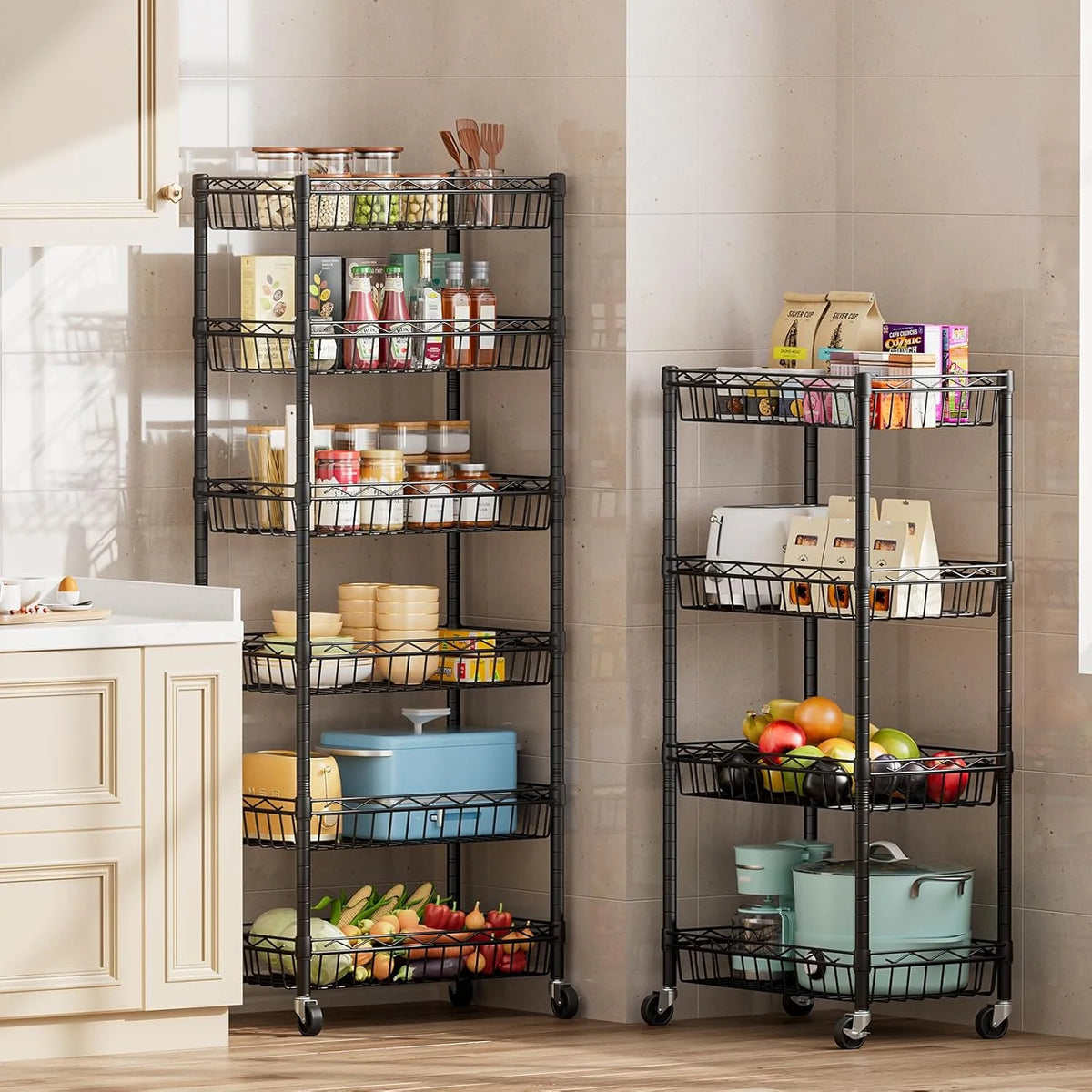 6 Tier Wire Shelving Unit with Wheels Baskets Storage Rack Corner Shelves Adjustable Shelf Closet Bathroom Organizers Metal Pantry Kitchen Garage Laundry Room 13.5" D x 13.5" W x 63" H Silver