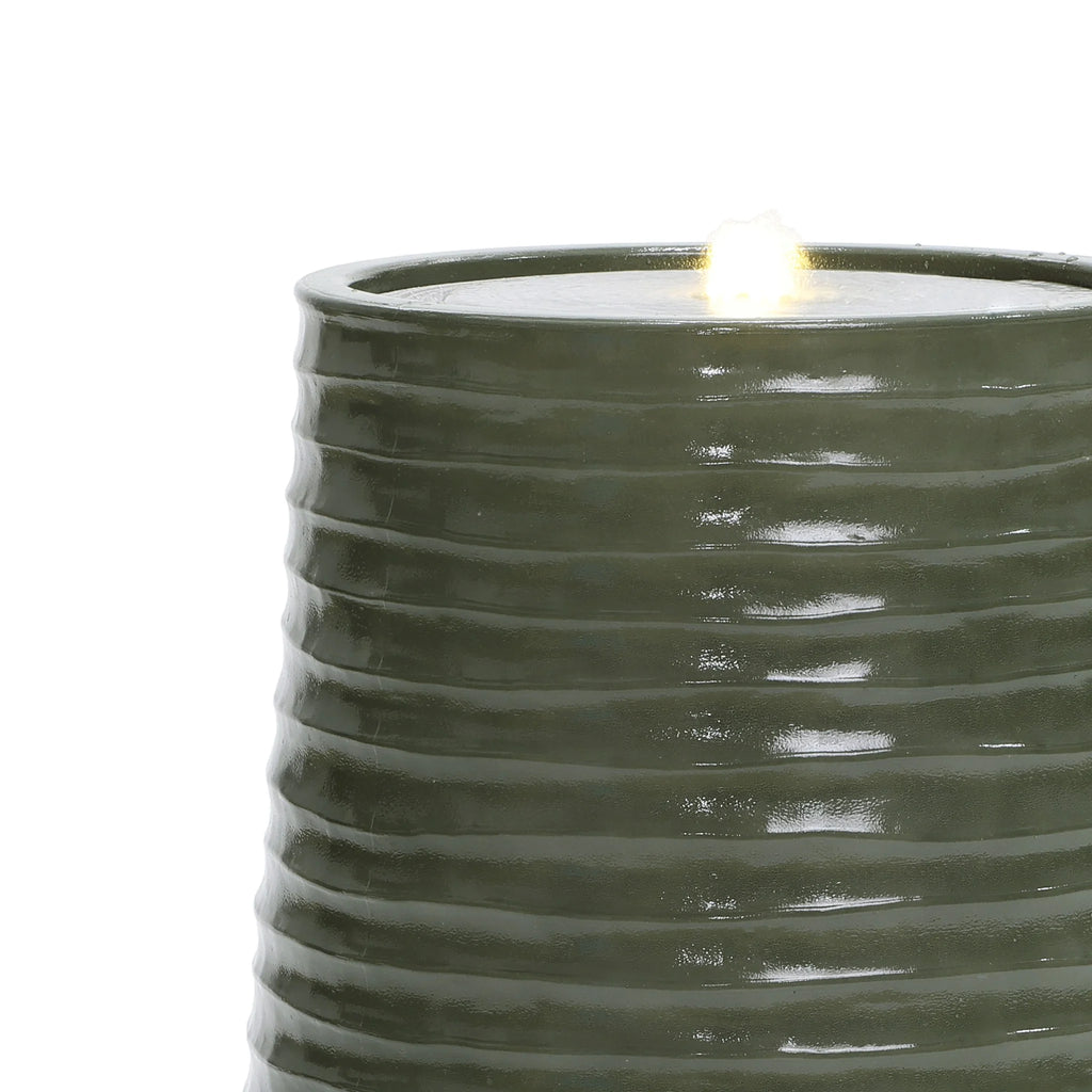 LuxenHome 20" Resin Lighted Garden Bubbling Water Fountain with Emerald Ribbed Top and Ivory Bottom