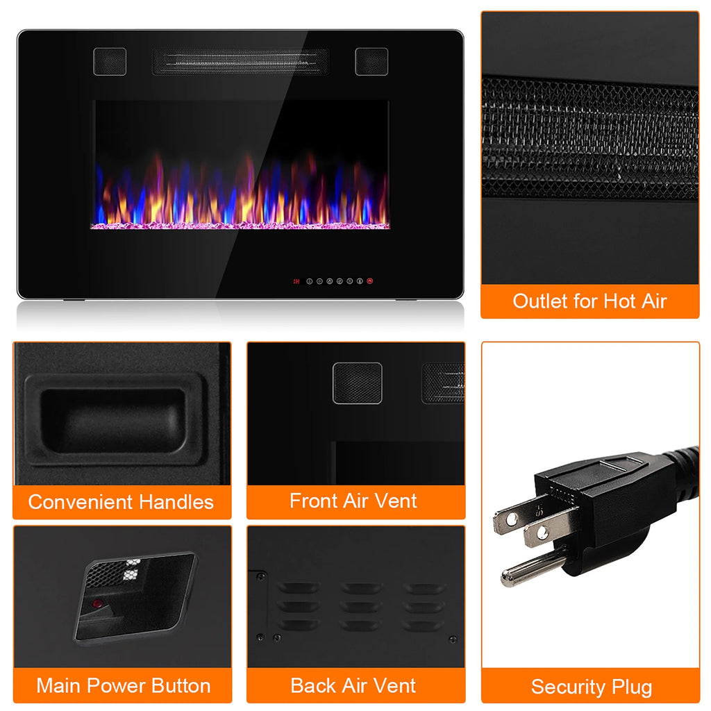 Costway 36'' Electric Fireplace Recessed Ultra Thin Wall-Mounted Heater w/Multicolor Flame
