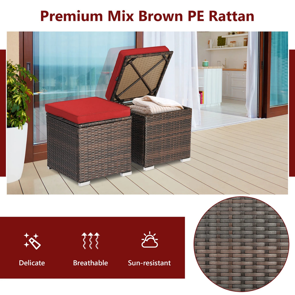 Costway 2PC Patio Rattan Ottoman Seat Side Table Storage Box Footrest Off White