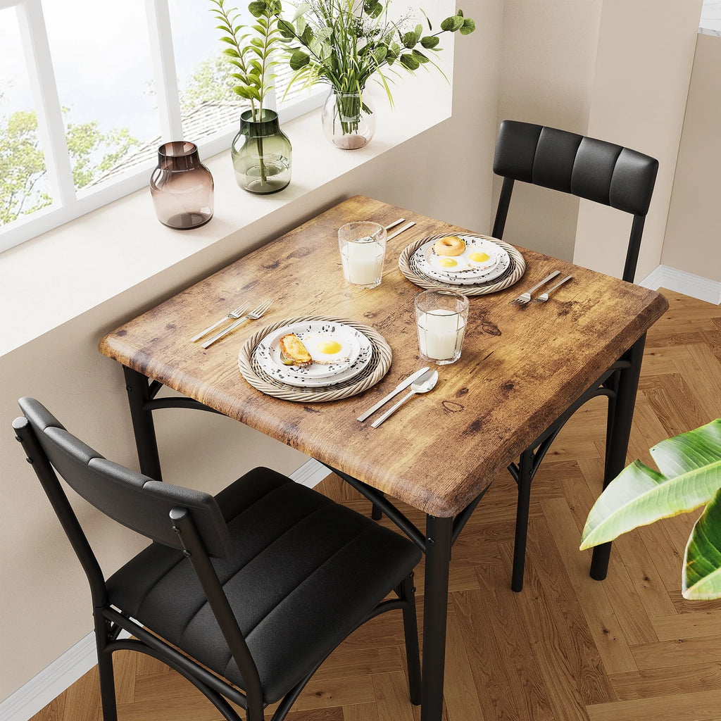 Yesfashion 3 Piece Dining Table Set, Kitchen Table and Chairs for 2, Metal and Wood Square Dining Room Table Set with 2 Upholstered Chairs