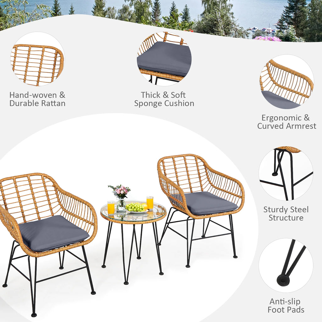 Costway 3PCS Patio Rattan Bistro Furniture Set Cushioned Chair Table Navy