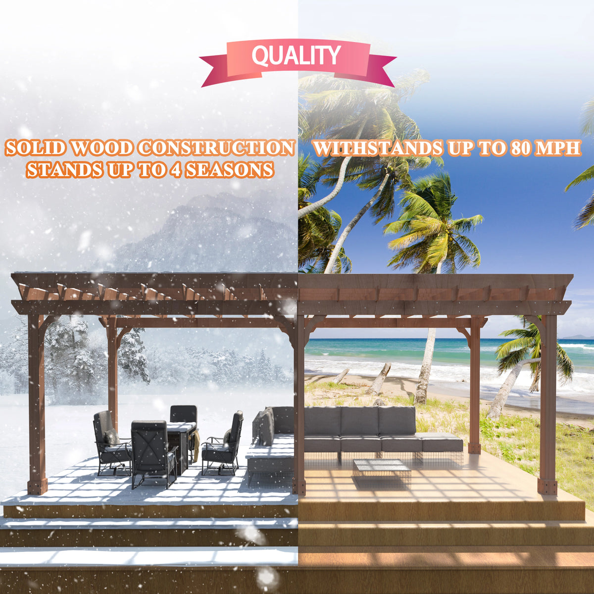 VEIKOUS 12'x10' Cedar Wood Pergola w/ Flat Roof and Ground Stakes for Outdoor Patio, Garden, Deck