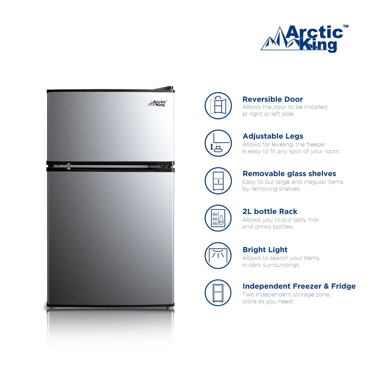 Arctic King 3.2 Cu ft Two Door Mini Fridge with Freezer, Stainless Steel, E-Star, ARM32D5ASL