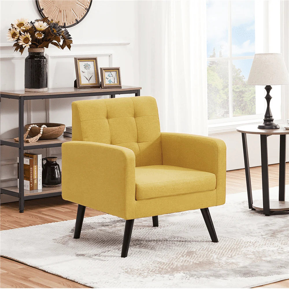 Smile Mart Modern Tufted Accent Arm Chair with Rubber Wood Leg for Living room, Yellow